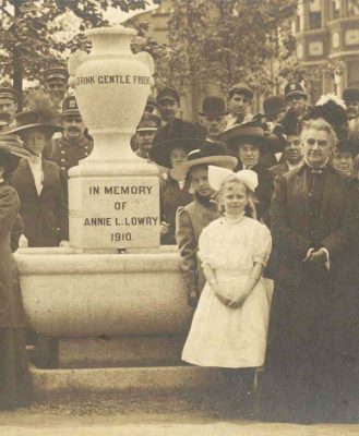 Caroline Earle White with a group of WPSPCA supporters at a dedication for a new water fountain for horses. The fountain was built in honour of Annie L. Lowry who was a supporter of the WPSPCA.